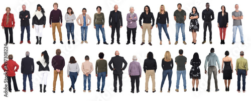 Tela front and back view of same group of people on white background