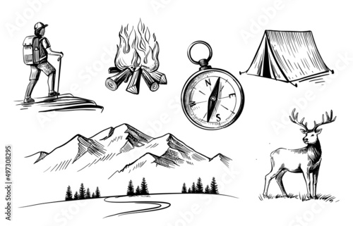 Man with backpack. Mountain and nature travel theme