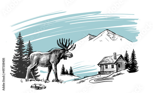 Elk with nature landscape vector ink hand drawn.