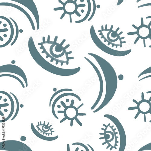 Vector Seamless pattern with magic symbols, runes and stars in boho style.
