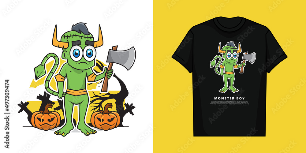 Illustration Vector Graphic of Boy Wearing Monster Costume in the Halloween Day with T-Shirt Mockup Design