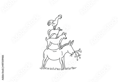 Vector isolated cute cartoon animals from the Bremen Town musicians standing next to each other colorless black and white contour line doodle drawing