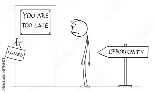 Frustrated Person Watching Opportunity Door Closed, Going too Late , Vector Cartoon Stick Figure Illustration