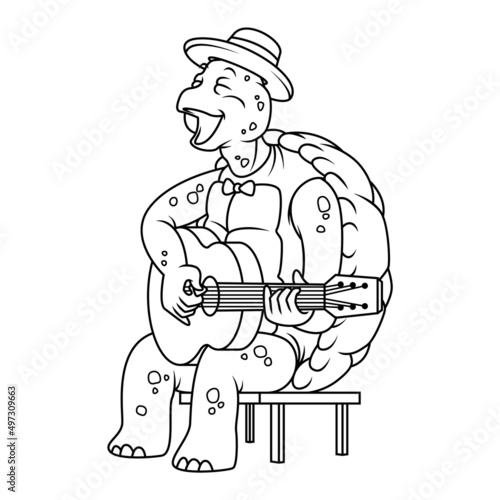 Coloring illustration of cartoon turtle playing an acoustic guitar