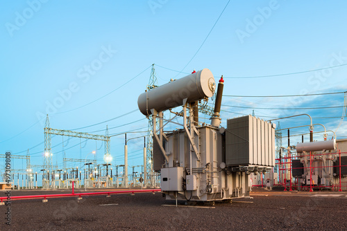 Power Transformer in High Voltage Electrical Outdoor Substation photo