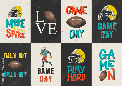 Set of 8 vector engraved style posters, decoration, t-shirt design and print. Hand drawn sketches of American football with modern typography and lettering. Detailed vintage etching style drawing.