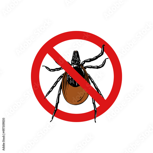 Vector hand drawn engraved  isolated illustration of mite allergy, parasite, spider. Prohibited insect, stop, warning, forbidden, no, ban bug sign. Detailed vintage etching style drawing.