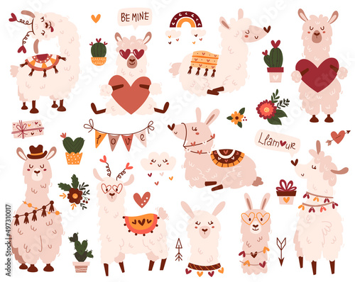 Big set of cute llamas and alpacas