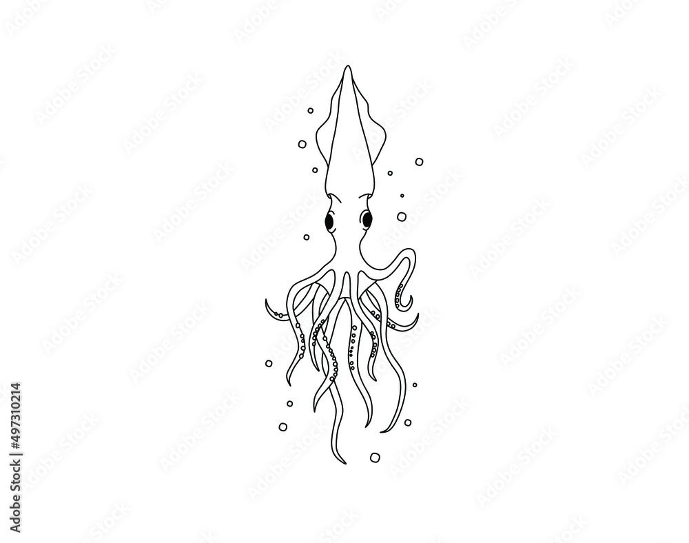 Vettoriale Stock Vector isolated cute cartoon squid with long tentacles  colorless black and white contour line doodle drawing | Adobe Stock