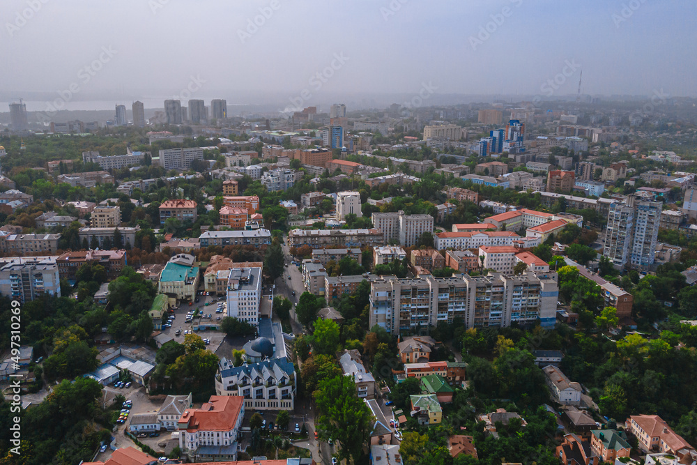Dnipro, Ukraine. View of the central part of the city, the embankment of the Dnieper. Top view from a great height. Panoramic view of the city. Right bank of the city