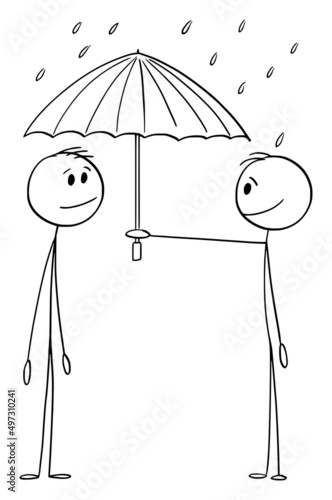 Person Offering Umbrella in Rain, Help and Protection, Vector Cartoon Stick Figure Illustration