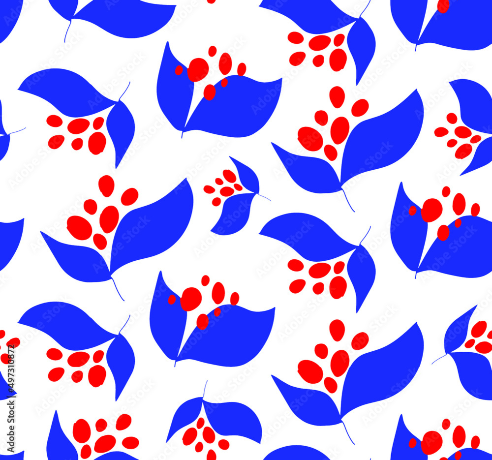 Fototapeta premium Abstract Hand Drawing Cute Floral Leaves and Dots Seamless Vector Pattern Isolated Background