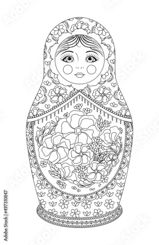 Russian Beautiful Matryoshka Doll in Line Contour style. Matrioska Doll and Floral Pattern. Cartoon Black White color. Coloring Book Page for Adults and Children. Print. White background. Vector image