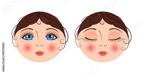 Beautiful Doll Face Close Up. Template. Matryoshka Doll with Open and Closed Eyes. Pretty Blue Eyes, Lush Eyelashes and Red lips. Female face with Brown Hair and Curls. Color Cartoon style. Vector.