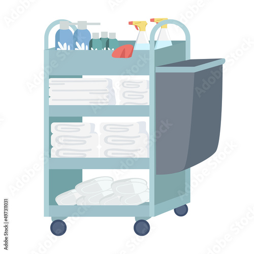 Housekeeping cart semi flat color vector object. Full sized item on white. Janitor cart. Cleaning supplies storage simple cartoon style illustration for web graphic design and animation