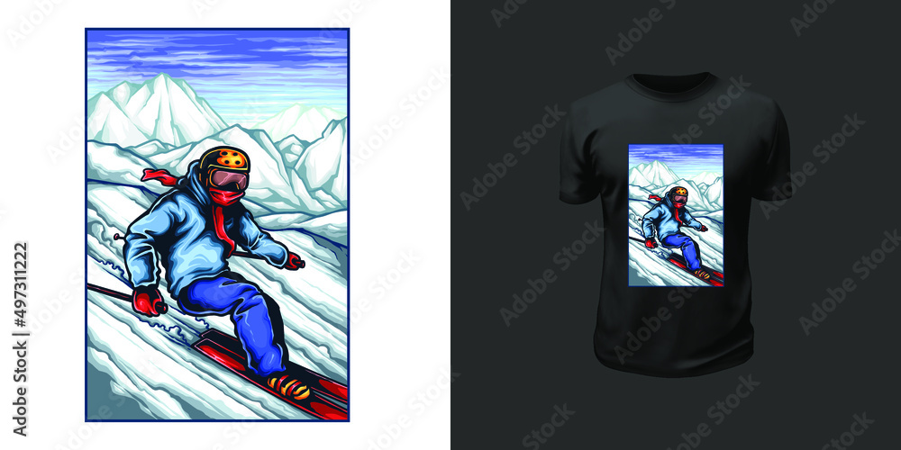 Tshirt design of young man riding on skis on mountain alpine background, winter. Vector illustration in a realistic style