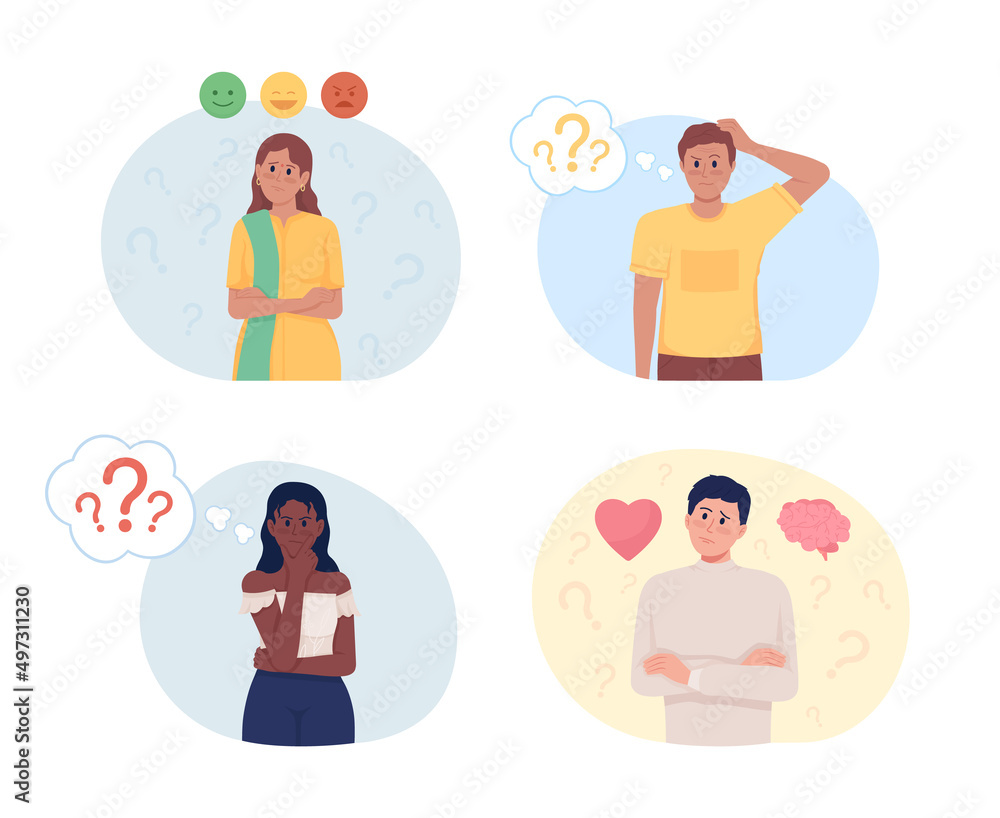Hesitating people 2D vector isolated illustrations set. Doubtful flat characters on cartoon background. Difficult choice colourful scenes collection for mobile, website, presentation Hesitating people 2D vector isolated illustrations set. Doubtful flat characters on cartoon background. Difficult choice colourful scenes collection for mobile, website, presentation