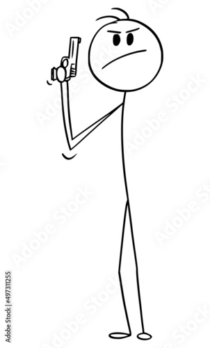 Secret Service Agent or Policeman with Hand Gun, Vector Cartoon Stick Figure Illustration