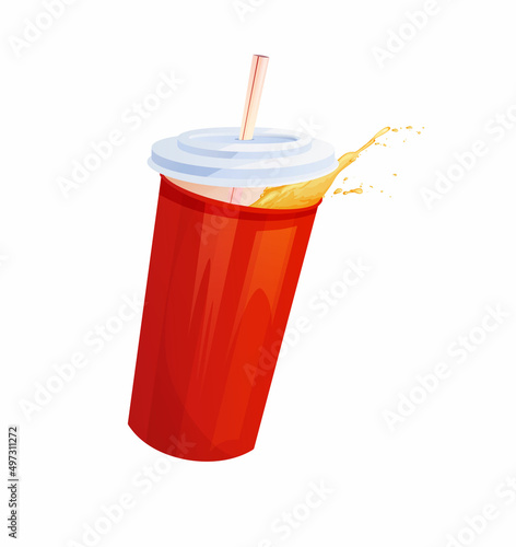 Flying red paper cup for soda, juice or soft drinks. Fast food. Cartoon vector illustration.