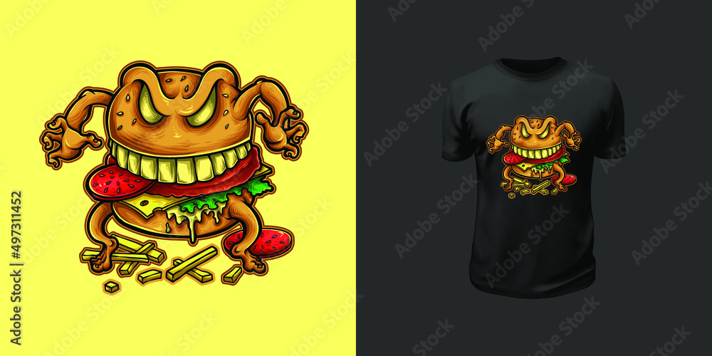 Tshirt design of angry burger mascot character logo design