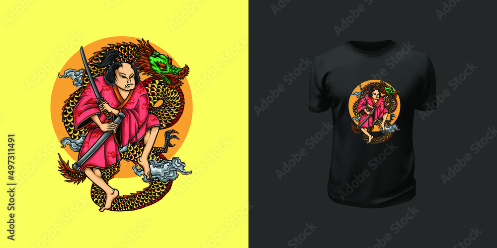 Tshirt design of Japanese samurai hero tattoo style drawing the Japanese kanji words means Courage with dragon vector illustration