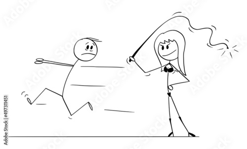 Man Running From Sexually Dominant Woman , Vector Cartoon Stick Figure Illustration