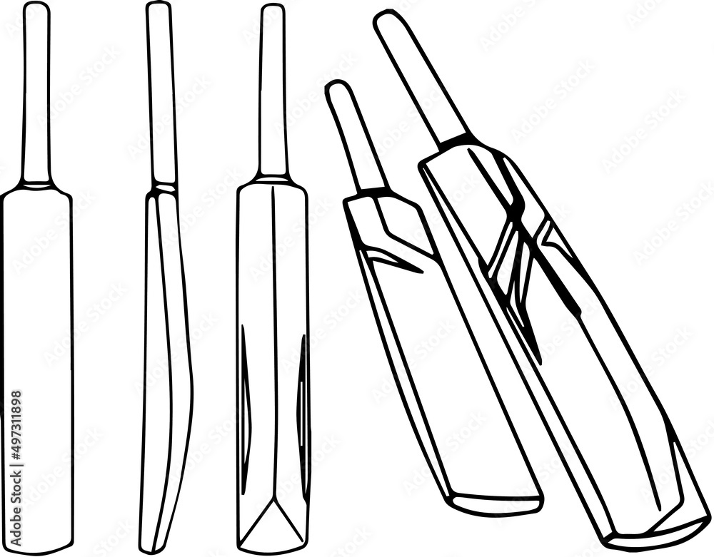 Line art illustration of cricket bat from different angles, Set of