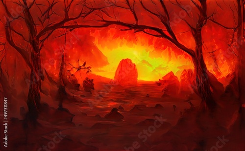 Fire in forest. Burning trees, a natural disaster. Uncontrolled burning of vegetation and spontaneous spread of fire over the forest area. Forest fire, illustration