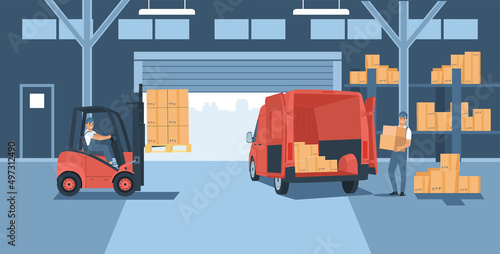Warehouse with working forklift, cargo van and employees. Vector illustration.