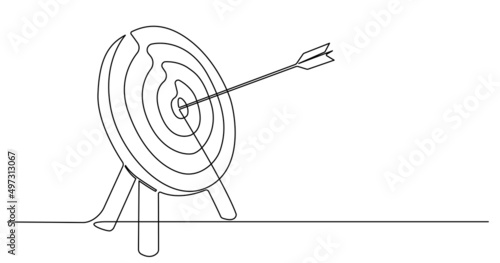 single line drawing of archery target with arrow in bullseye, continuous line vector illustration