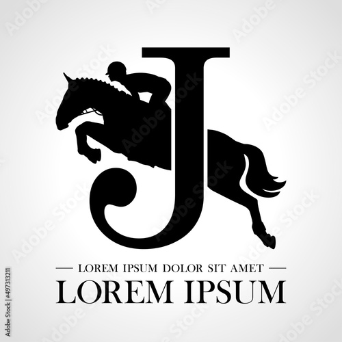 Jumping horse logo. Derbi. Equestrian Events. Show Jumping Competition. Sport. Icons and design elements. Initial letter J. Monogram. Typographic logotype. Vector Illustration