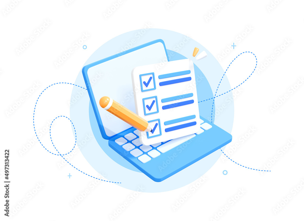 3D Computer laptop with Checklist. Project task management or to do list. Online form survey. Business concept. Realistic elements isolated on white background. 3D Rendering - obrazy, fototapety, plakaty 