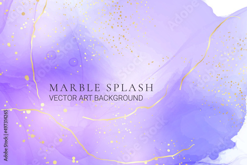 Purple gey liquid watercolor background with golden dots. Dusty violet marble alcohol ink drawing effect. Vector illustration design template for wedding or party invitation, menu, rsvp