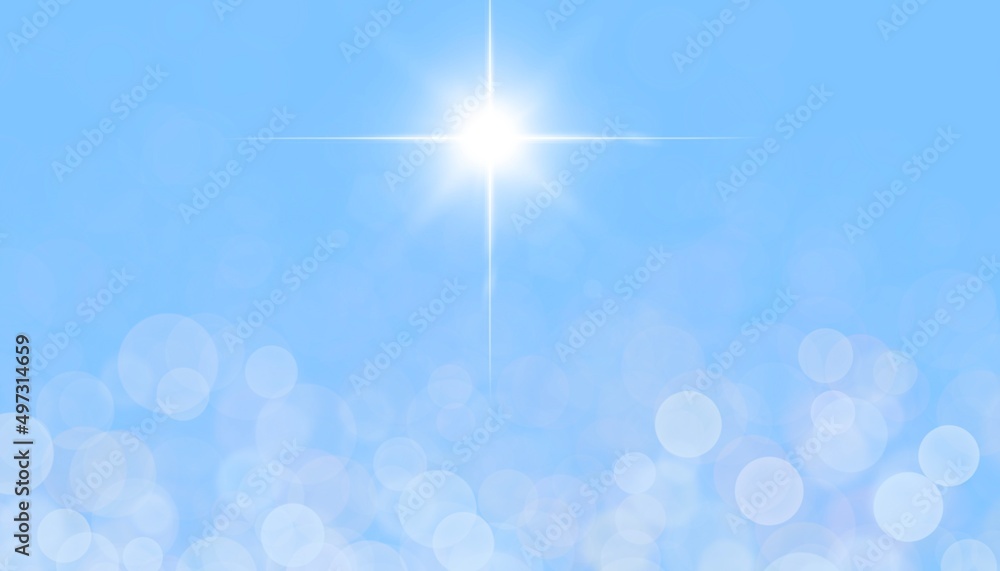 Stella brillante bianca sfondo azzurro. Banner pasquale. Sole di primavera  - obrazy, fototapety, plakaty 