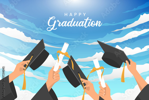 Graduating students of pupil hands in gown throwing graduation caps.