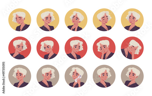 Beautiful blonde woman girl, portrait set, businesswoman, female business bundle. Different emotions face icons, character pic. Vector flat style cartoon avatar circle set isolated on white background