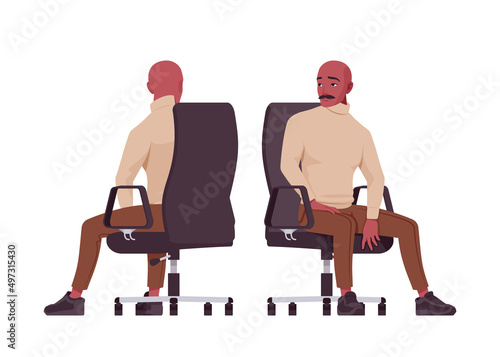 Handsome bold man, person of Latin America sitting, computer chair. Sporty chic office outfit young businessman. Vector flat style cartoon character set isolated on white background, front, rear view