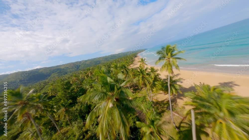 Aerial drone fpv flying over Playa Coson, Las Terrenas in Dominican Republic Aerial drone fpv flying over Playa Coson, Las Terrenas in Dominican Republic