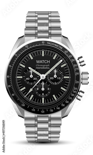 Realistic watch clock chronograph stainless steel black design luxury fashion object for men on white background vector