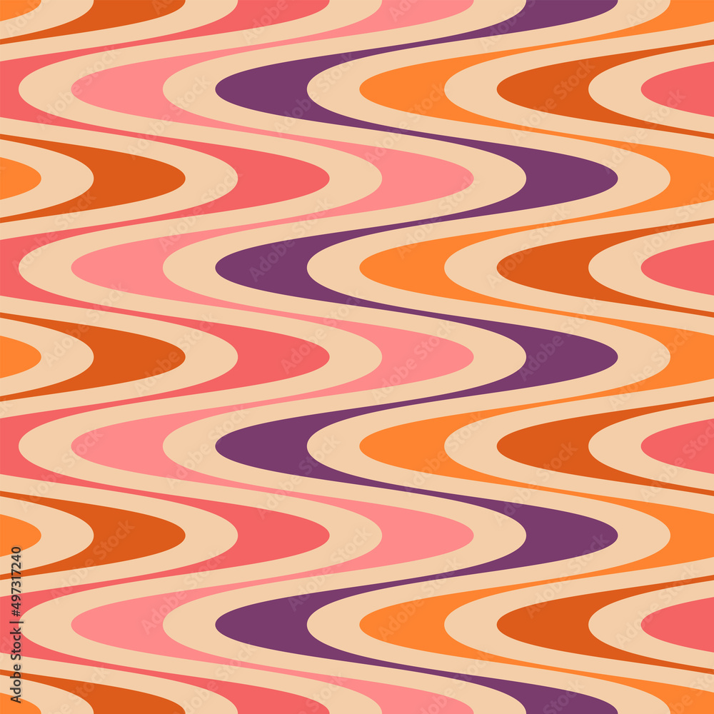 Groovy lines abstract seamless pattern. Retro 1970s nostalgic geometric background. Simple shaped colorful vector print for paper, fabric, surface.