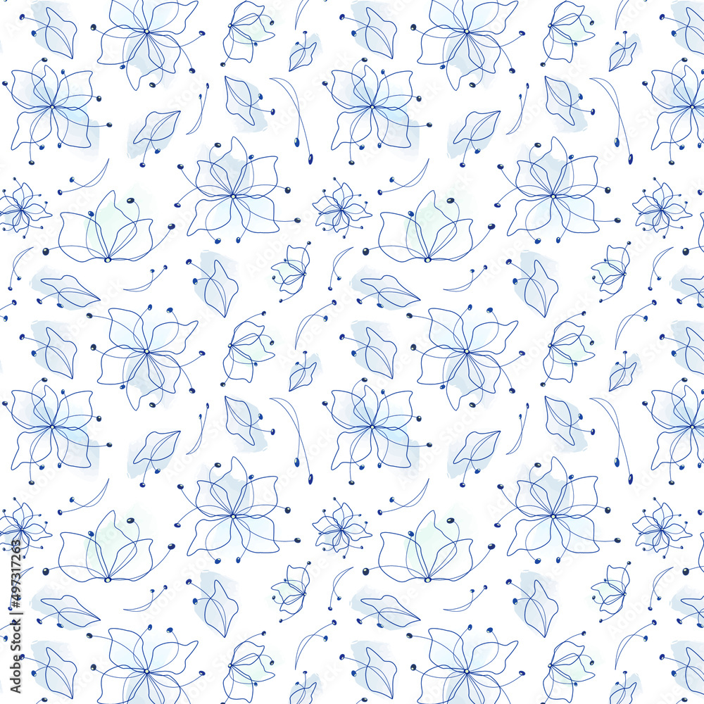 Fototapeta premium Blue flower seamless decorative pattern with graphic and watercolor effects