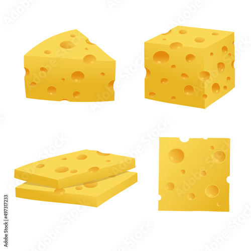 Set of cheese parts and slices isolated on a white background