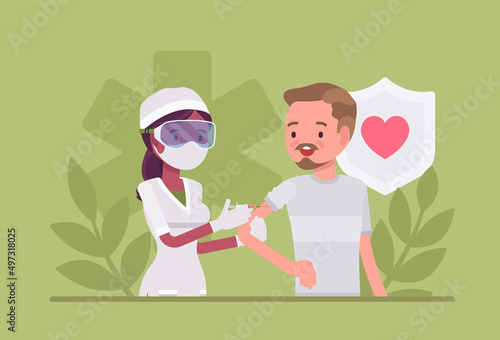 Vaccine or booster shot, clinic vaccination, doctor doing medical injection. Medicine service care, research and illness prevention. Vector flat style creative illustration, health, healthcare concept
