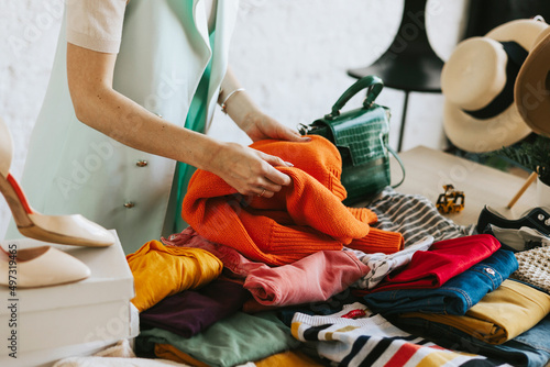 middle aged woman female woman at swap party try on clothes, bags, shoes and accessories, change clothes, second hand garment, zero waste life, eco-friendly approach to consumption, diverse people