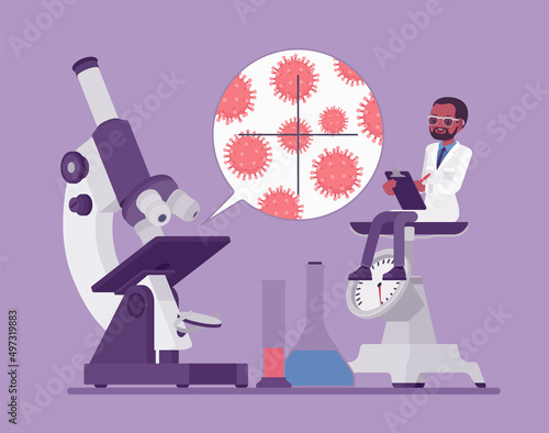Male black scientist, laboratory microscope for germs, viruses, bacteria study. Scientific tests, medicine service research, prevention. Vector flat style creative illustration, health, healthcare