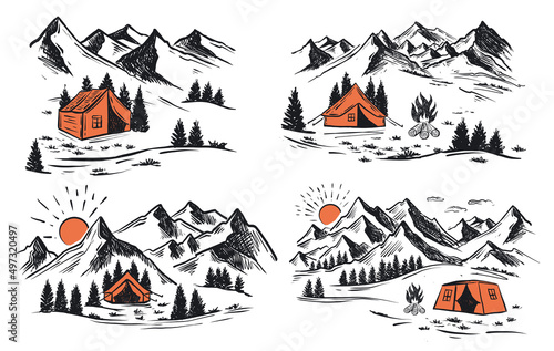 Camping in nature, Mountain landscape, sketch style.
