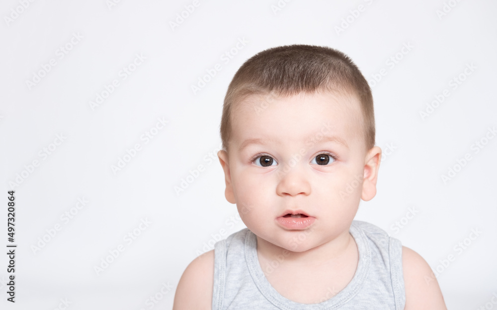 Image of cute baby boy, closeup portrait of adorable child isolated on white background, sweet toddler healthy childhood, perfect caucasian infant, lovely kid, innocence concept