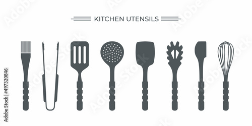 Kitchen utensils tool isolated vector set. SVG. Silhouette. Kitchen cutlery. Kitchenware. Cook on kitchen.  Household. Kitchen variety equipment. Homemade meals. Color flat vector illustration.