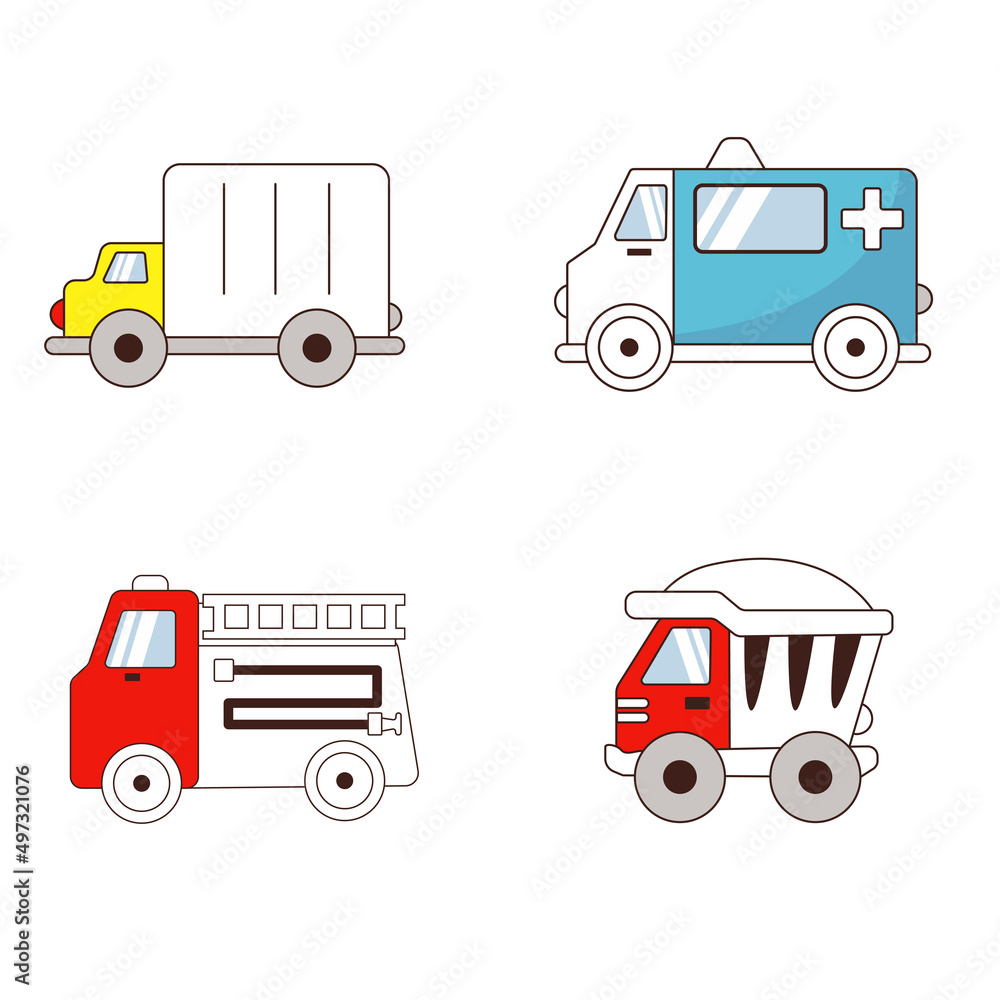 Set of children's toys cars in the style of a doodle, one line of color