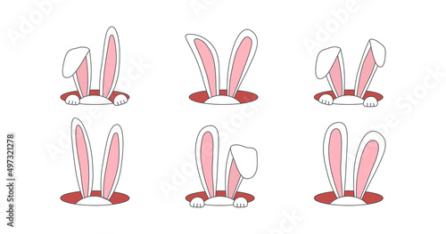 Easter bunny vector icon, rabbit in hole, cartoon ears set isolated on white background. Cute animal illustration